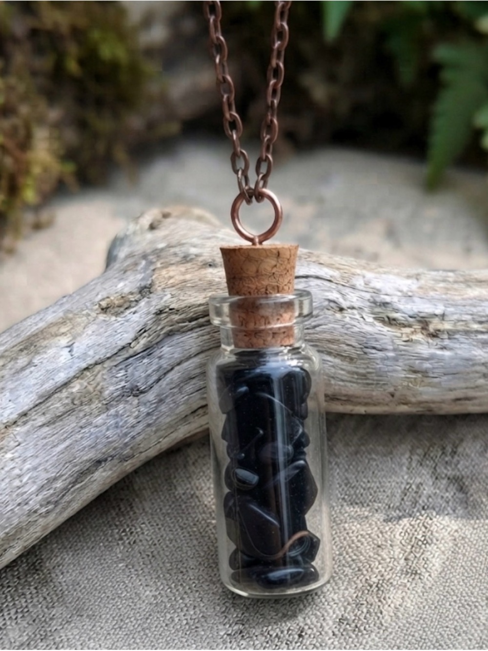 Protection Black obsidian Chip Bottle Necklace - Copper Chain